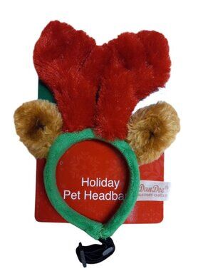 Holiday Pet Headband With Adjustable Strap - Red & Green Plush Antlers & Ears